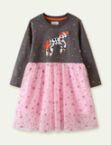 Toddler Girl Unicorn Appliqu¡§| Long Sleeve Mesh Splice Dress - CCMOM