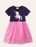 Toddler Girl Unicorn Applique Mesh Splice Dress - CCMOM