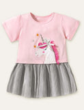 Toddler Girl Unicorn Appliqu¡§| Short Sleeves Splice Dress - CCMOM