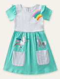 Toddler Girl Unicorn Butterfly Embroidered Splice Dress With Pocket - CCMOM