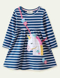 Toddler Girl Unicorn Embroidered Long Sleeve Stripe Splice Dress - CCMOM