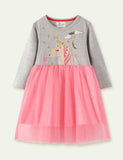 Toddler Girl Unicorn Embroidered Long Sleeves Mesh Splice Dress - CCMOM