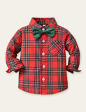 Toddler Kid Button Design Bowknot Plaid Shirt & Overalls Set - CCMOM