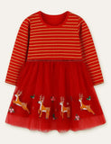 Toddler Kid Girl Deer Appliqu¡§| Flower Embroidered Mesh Long Sleeves Dress - CCMOM