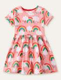 Toddler Kid Rainbow Full Printed High Waist Short Sleeves Dress - CCMOM