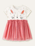 Toddler Rabbit Embroidery Floral Printed Short Sleeves Splice Dress - CCMOM