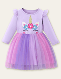 Toddler Unicorn Appliqu¡§| Rainbow Mesh Long Sleeves Princess Dress - CCMOM