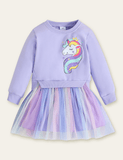 Toddler Unicorn Printed Mesh Long Sleeve Dress - CCMOM
