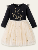 Toddler Unicorn Sequined Embroidered Long Sleeves Mesh Dress - CCMOM