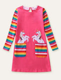 Unicorn Appliqu¡§| Rainbow Pocket Long Sleeve Dress - CCMOM