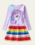 Unicorn Printed Rainbow Striped Dress - CCMOM